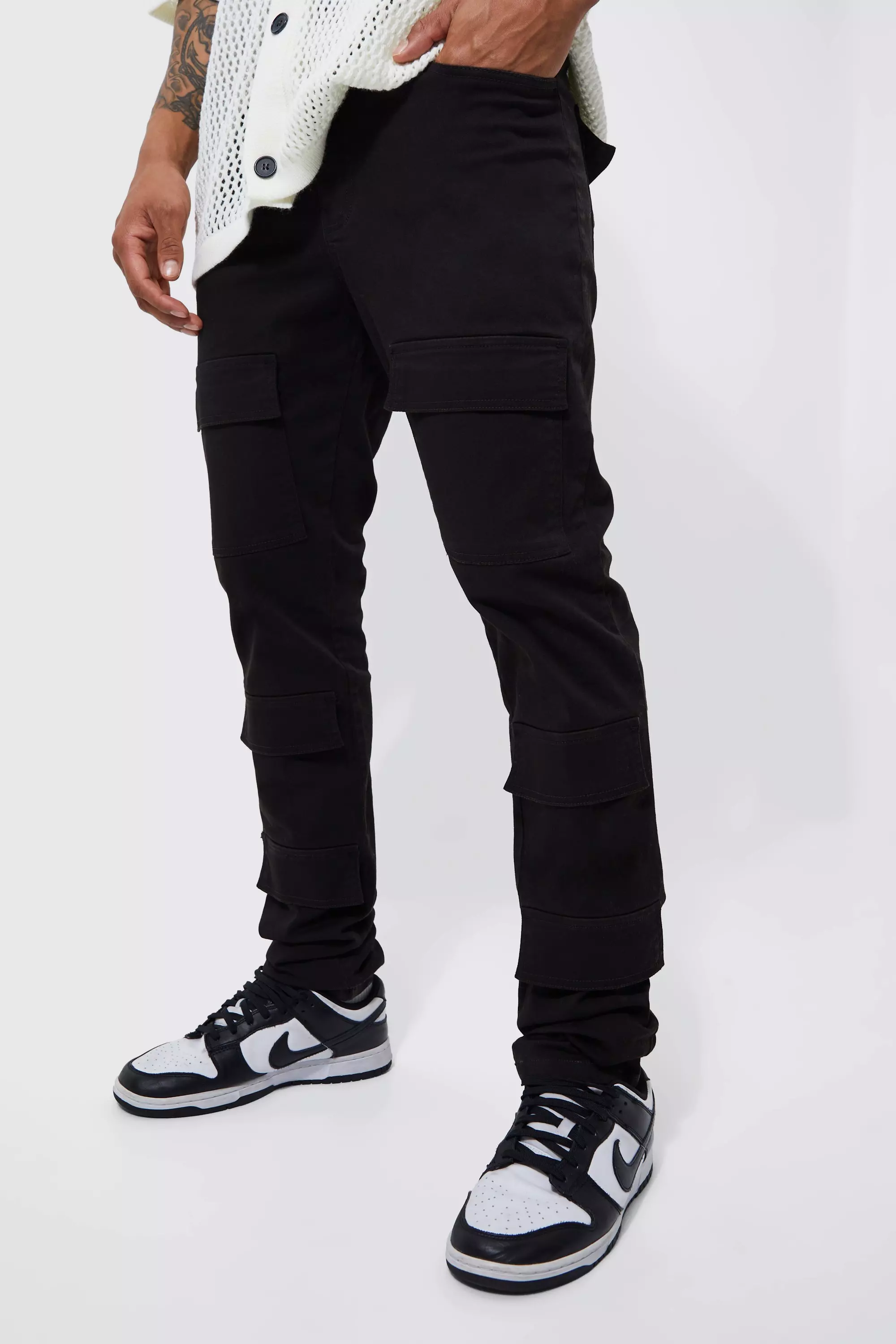Black Fixed Waist Skinny Stacked Front Pocket Cargo Trouser alternative image