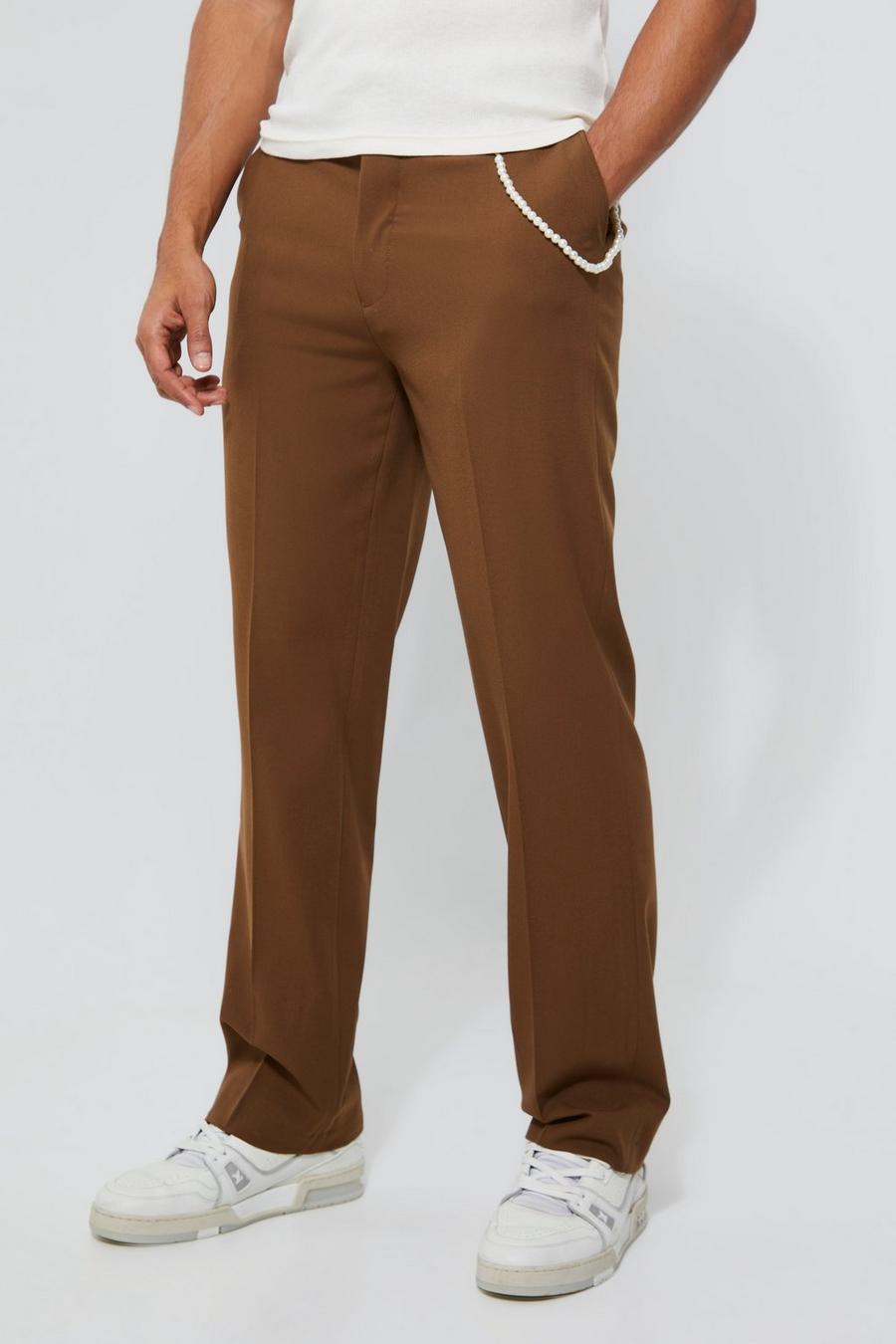 Brown Relaxed Fit Beaded Chain Smart Trousers image number 1