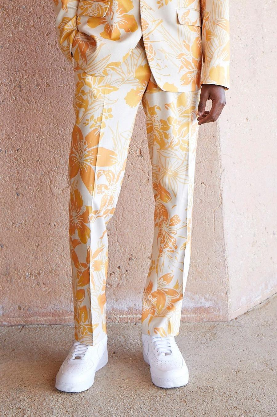 Ecru white Slim Fit Printed Floral Suit Trousers