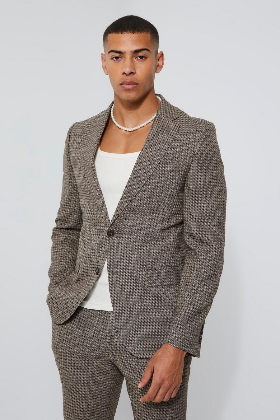 Brown Skinny Single Breasted Dogstooth Suit Jacket image number 1