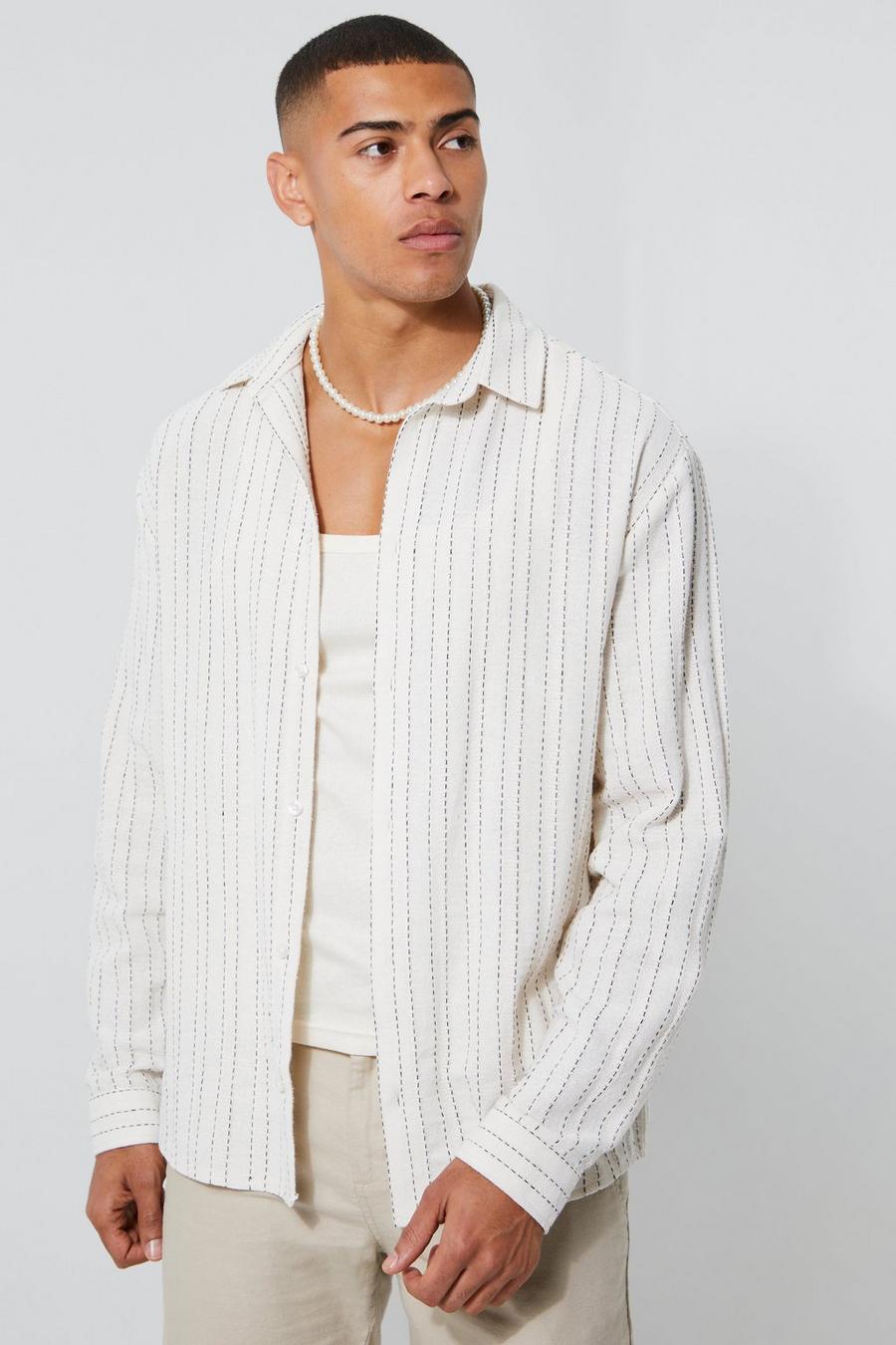 Ecru weiß Long Sleeve Oversized Texture Stripe Shirt