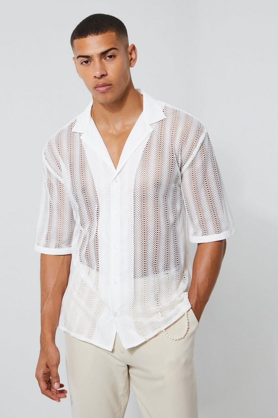 White Short Sleeve Drop Revere Crochet Shirt image number 1