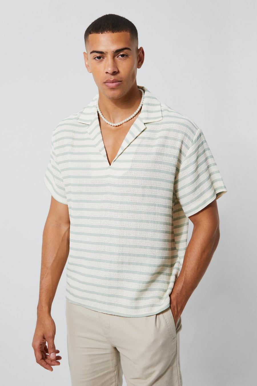 Light green Toosii Short Sleeve Boxy V Neck Texture Stripe Shirt image number 1