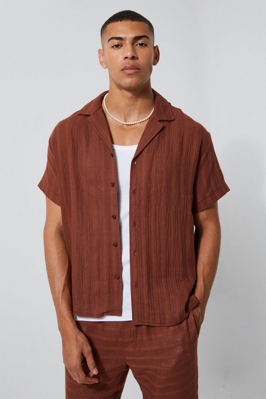 Brown Short Sleeve Boxy Crochet Stripe Shirt