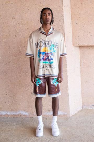 Boxy Oversized Satin Graphic Shirt And Shorts brown