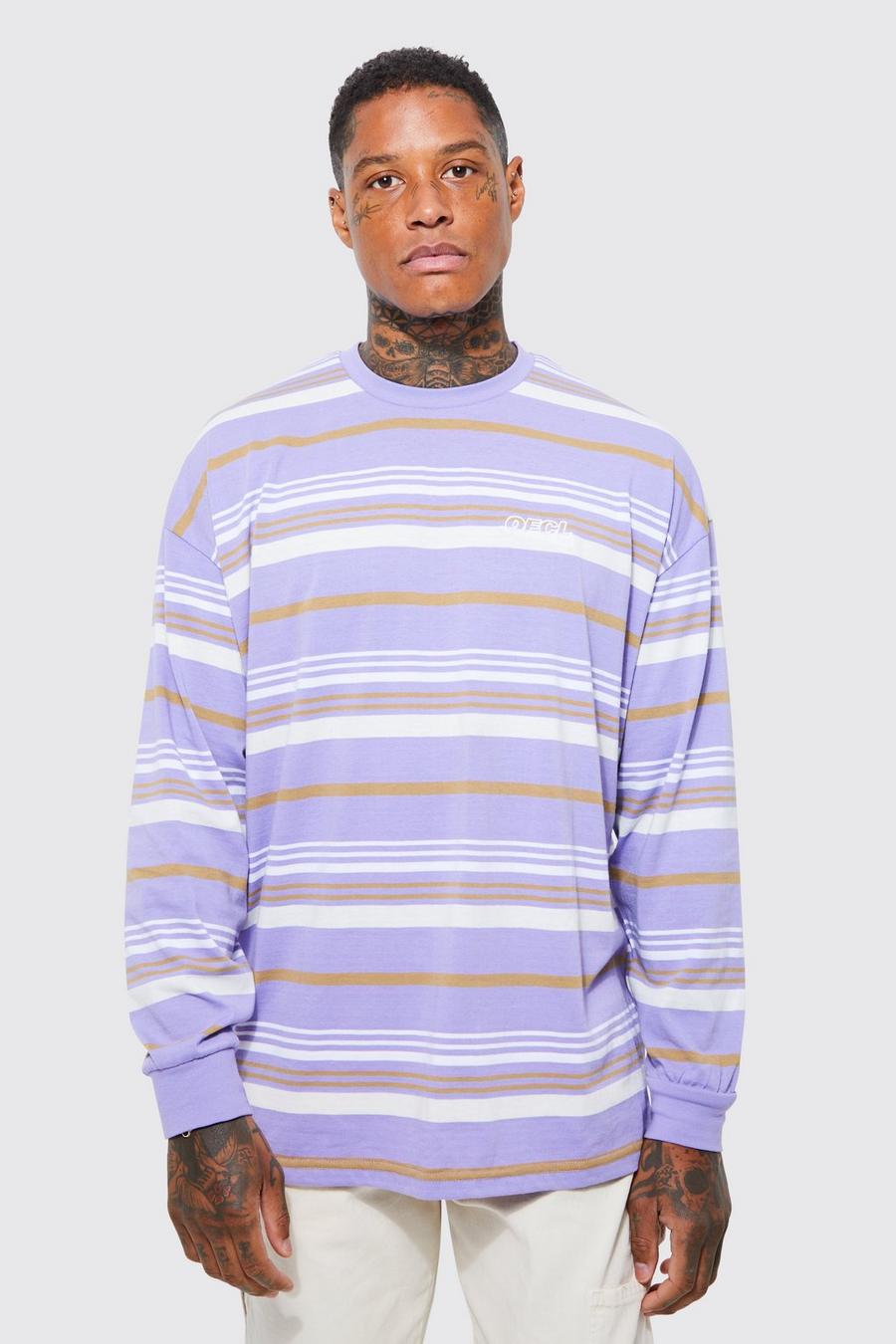 Camiseta oversize Ofcl de manga larga con rayas, Purple morado