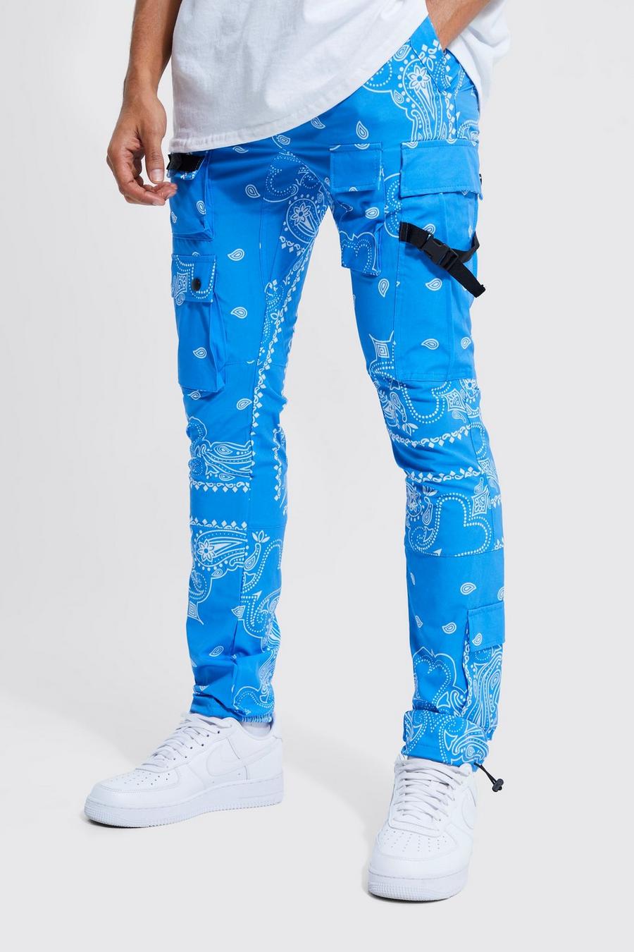 Blue Elastic Waist Slim Fit Strap Detail Bandanna Print Cargo Trousers image number 1