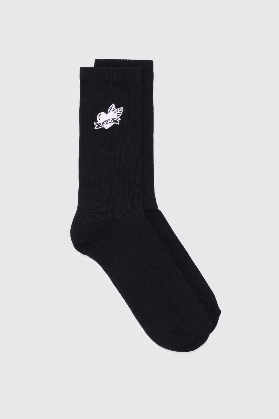 Heart Embroidered Sports Socks, Black nero image number 1
