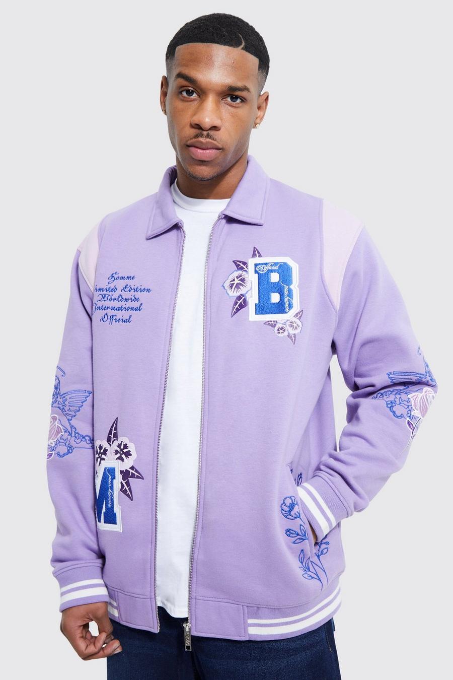 Lilac purple Oversized Badge Applique Jersey Jacket  