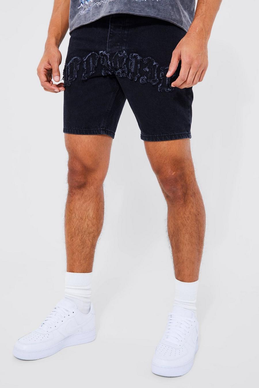 Charcoal grey Slim Rigid Official Applique Denim Shorts
