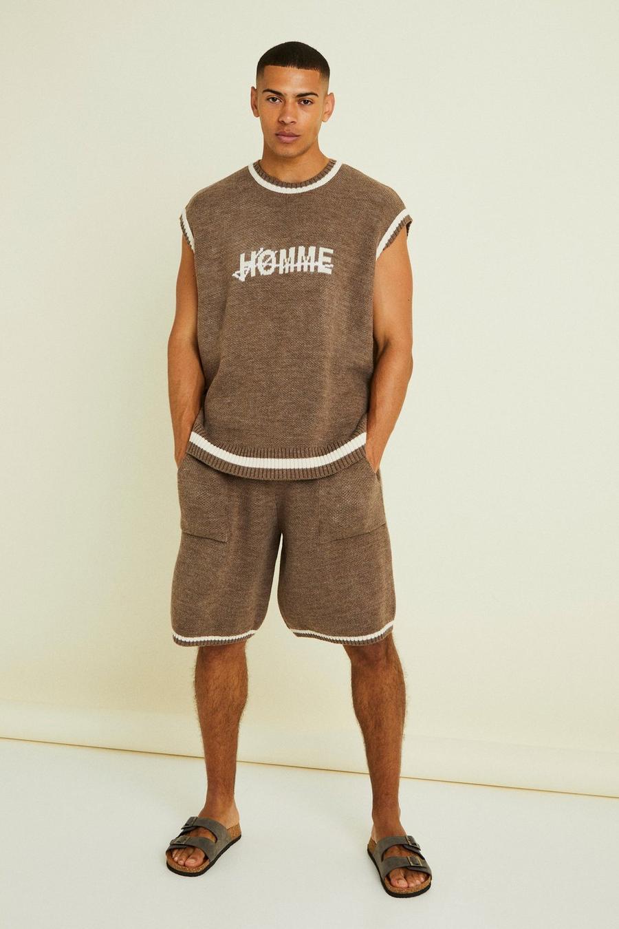 Brown Oversized Basketball Knitted Vest Set image number 1