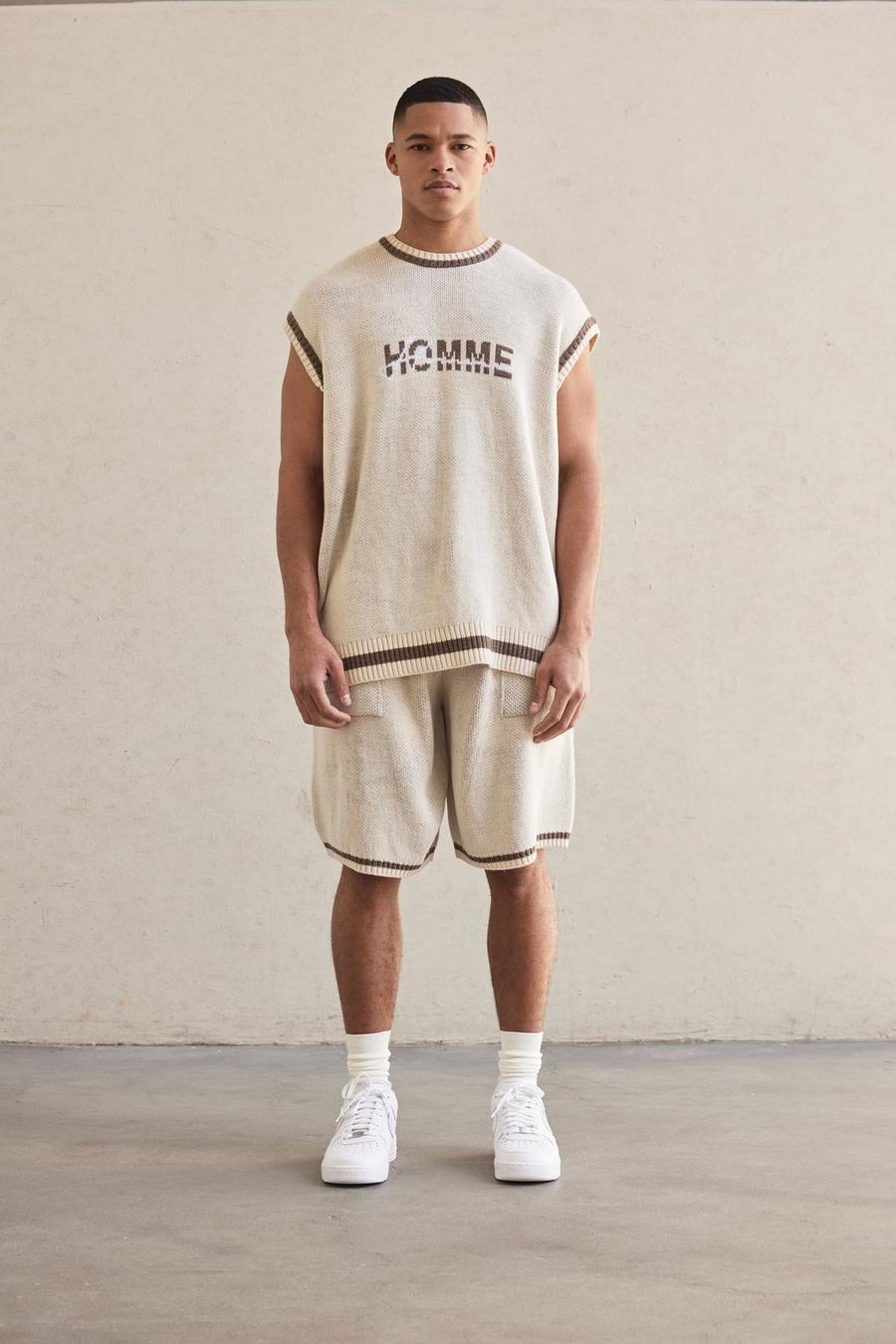 Stone beige Oversized Basketball Knitted Vest Set