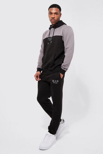 Black Man Roman Tape Color Block Hooded Tracksuit