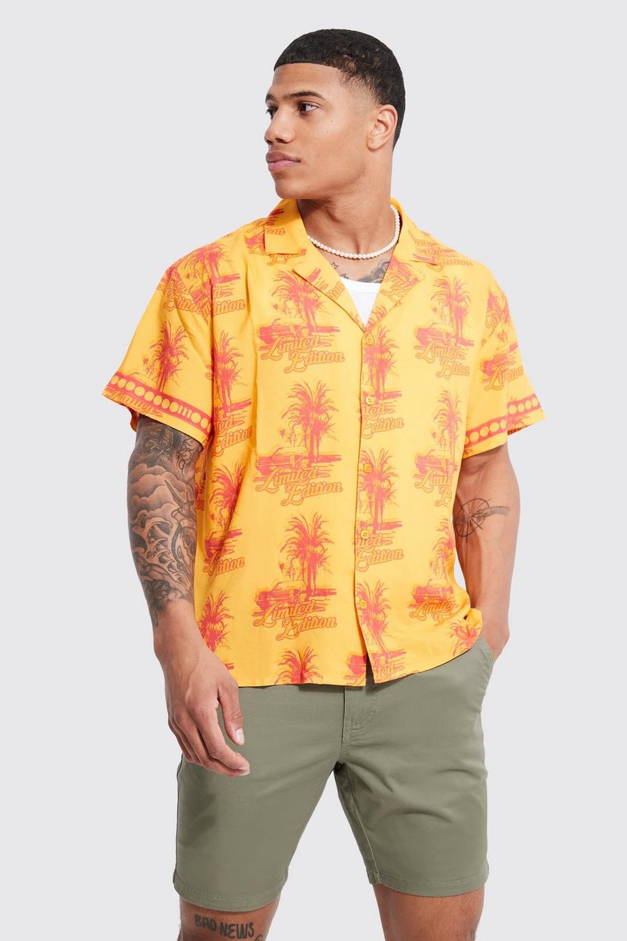 Orange Boxy Viscose Palm Printed Shirt image number 1