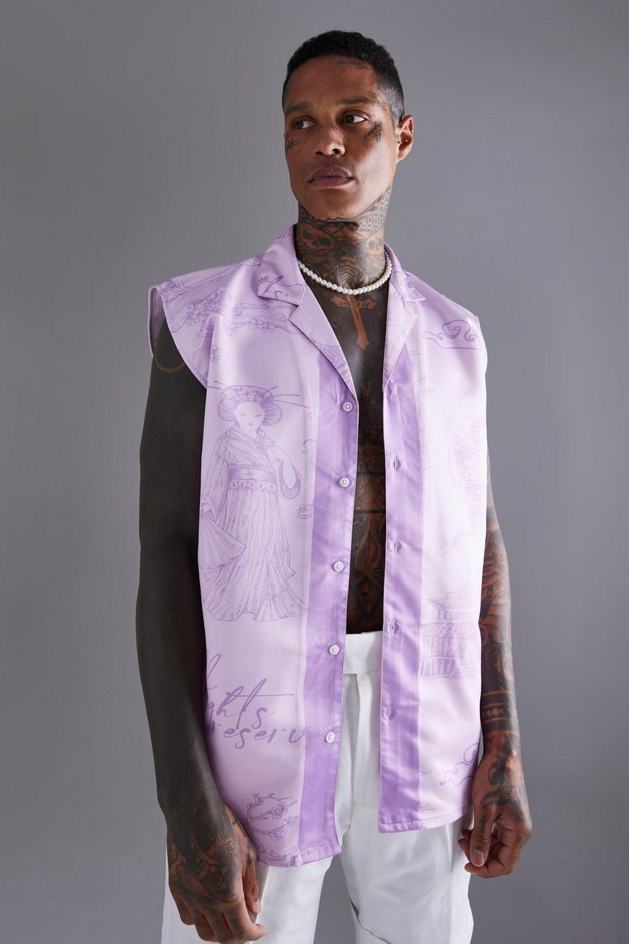 Dropped Revere Satin Border Sleeveless Shirt, Lilac morado