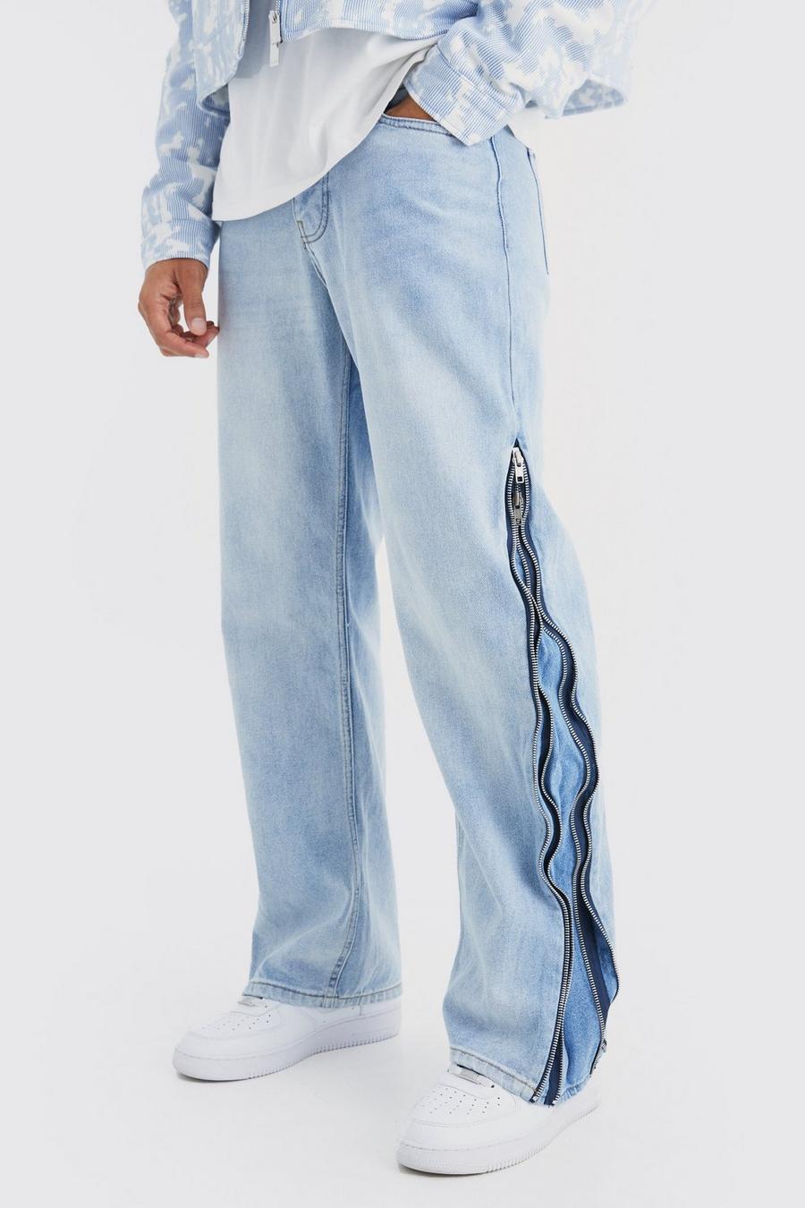 Jeans rilassati in denim rigido con zip laterale, Ice blue