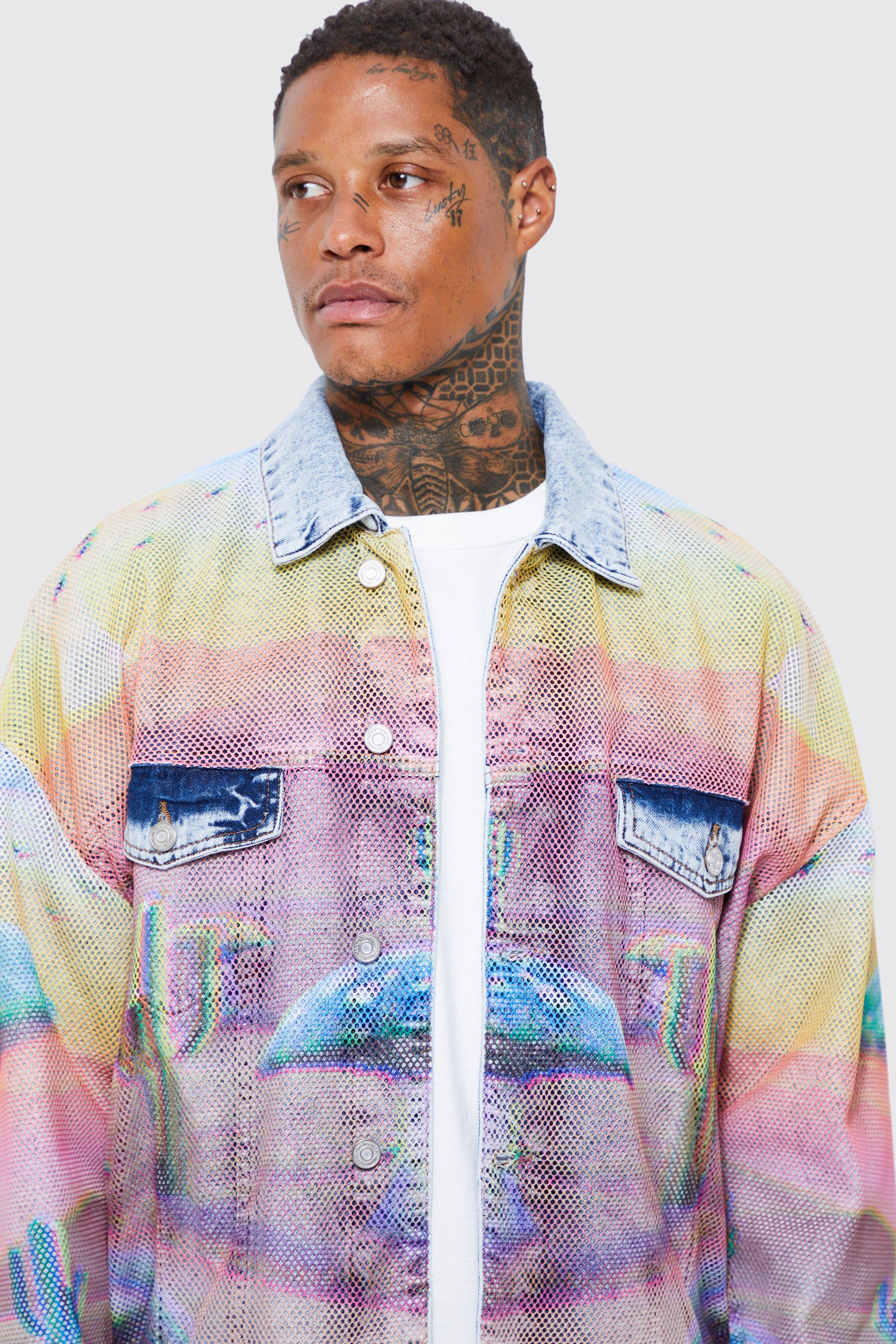 Mesh Overlay Graphic Denim Jacket