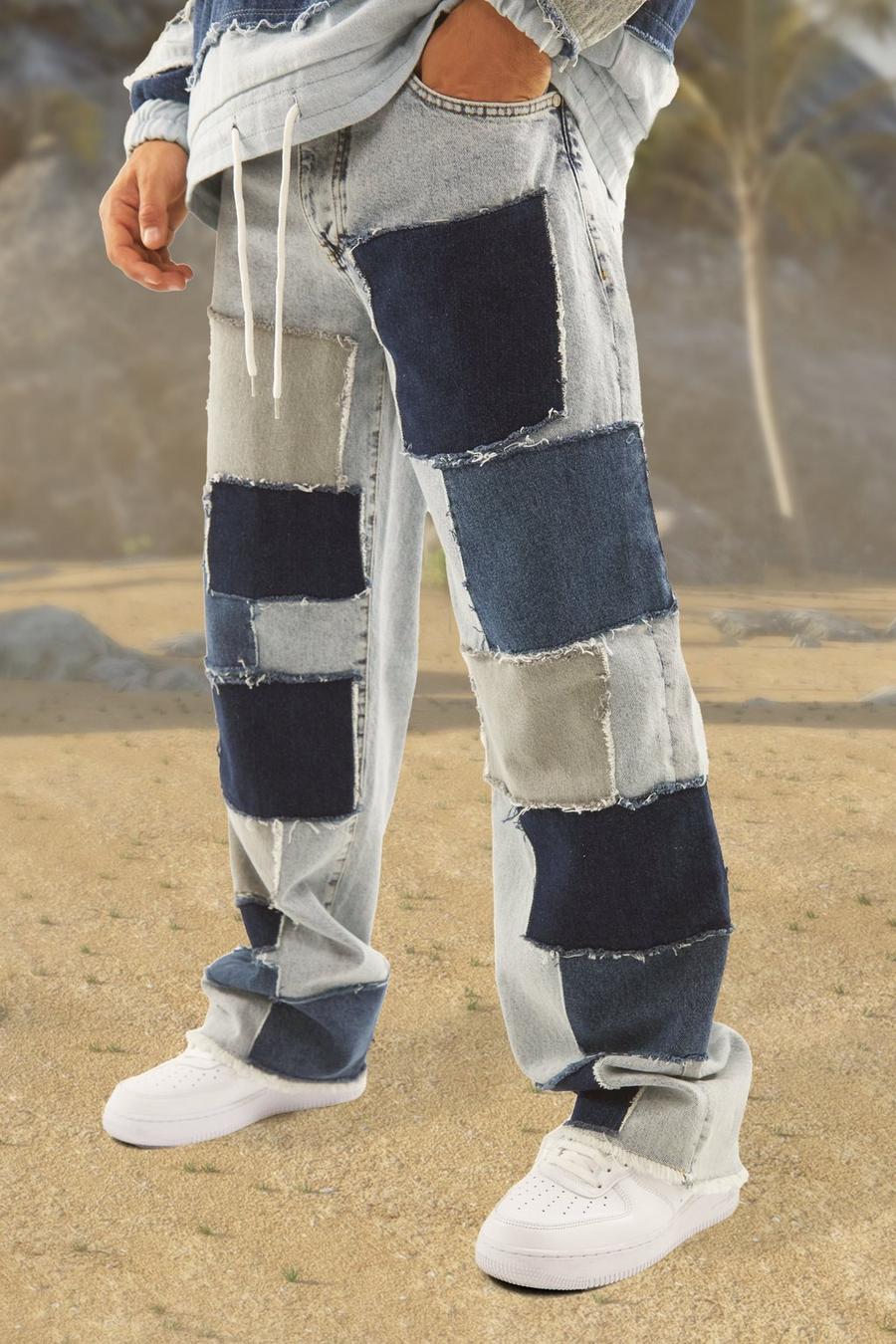 Ice blue Baggy Fit Patchwork Distressed Jeans image number 1