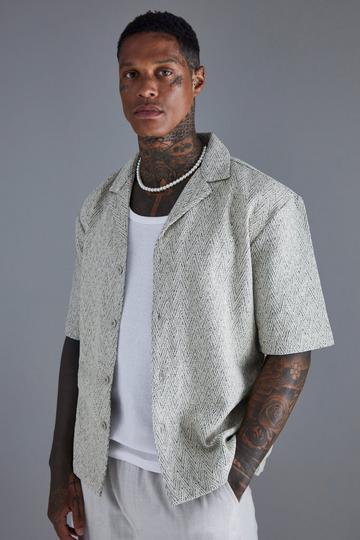 Dropped Revere Textured Herringbone Shirt ecru