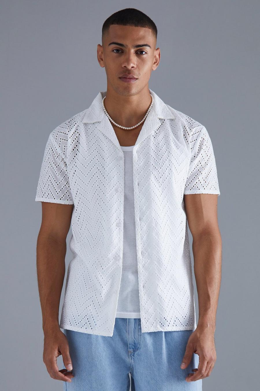 Ecru white Short Sleeve Herringbone Broderie Shirt 