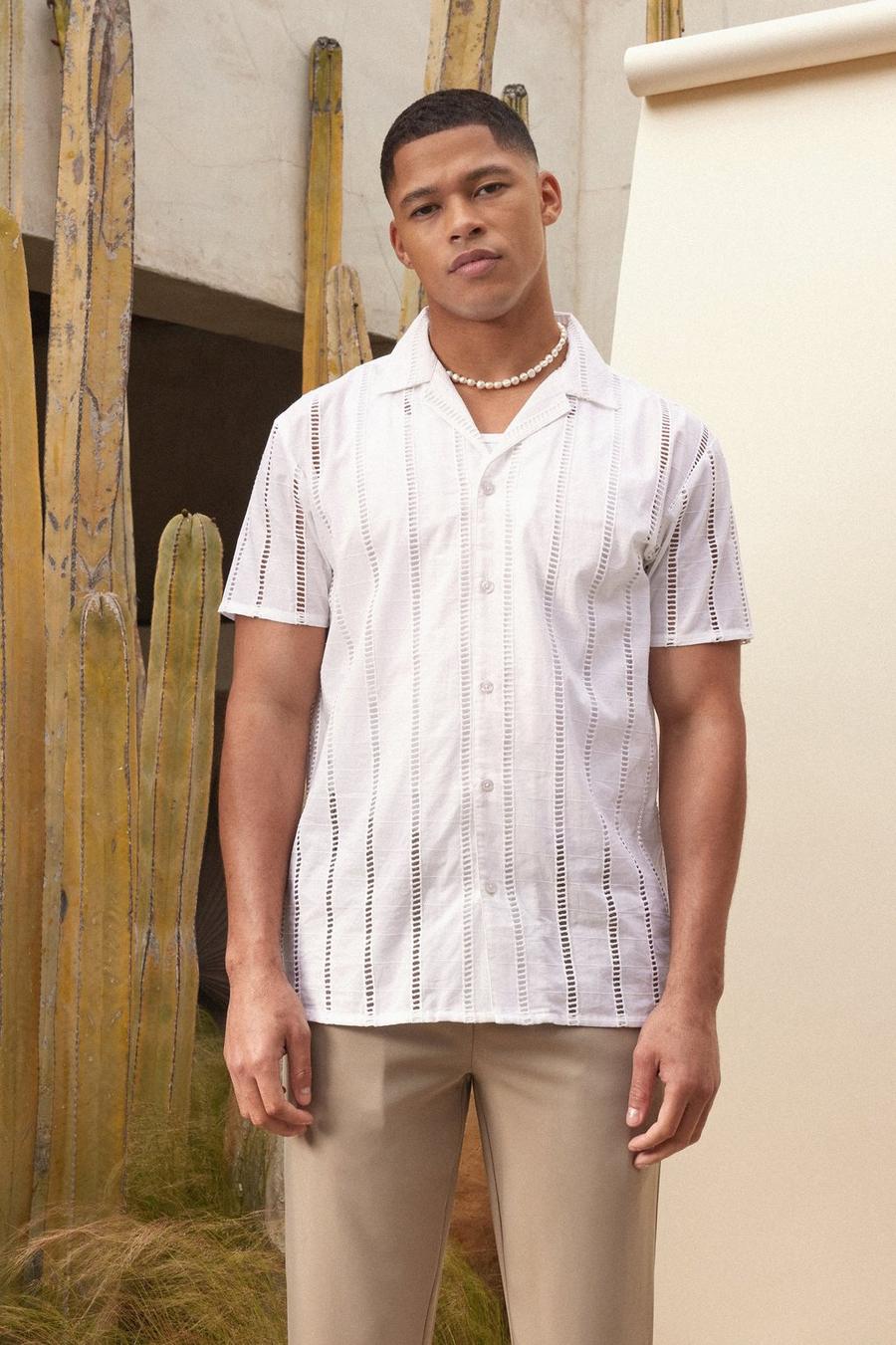 Ecru white Short Sleeve Broderie Stripe Shirt