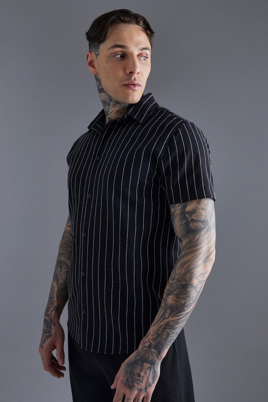 Black Short Sleeve Textured Stripe Shirt image number 1