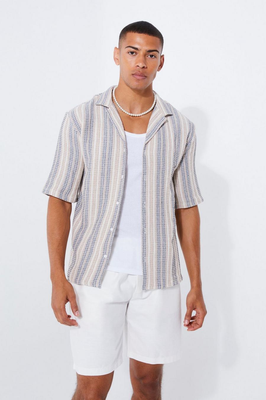 Ecru Dropped Revere Textured Stripe Shirt image number 1
