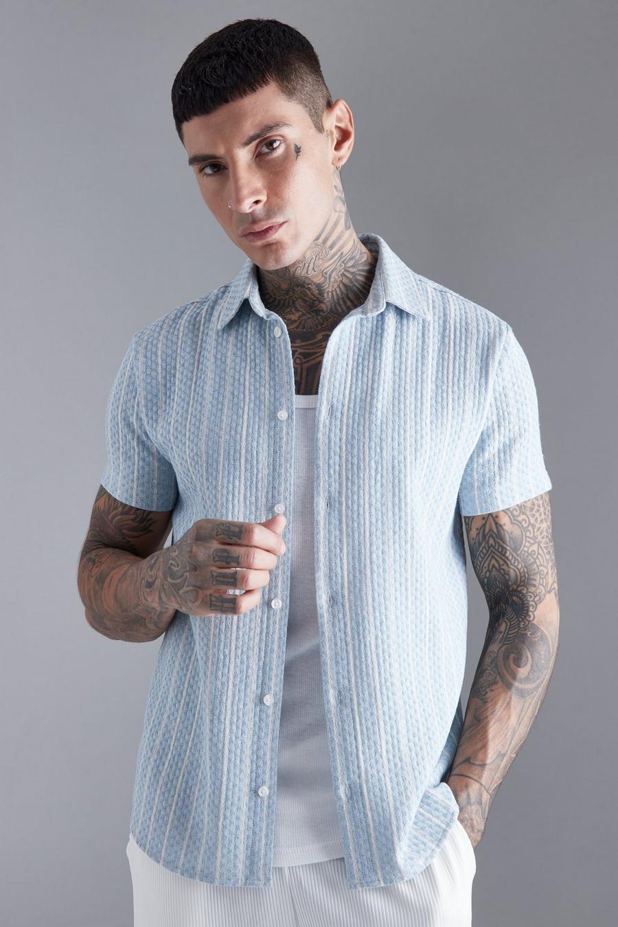 Light blue blå Short Sleeve Textured Stripe Shirt