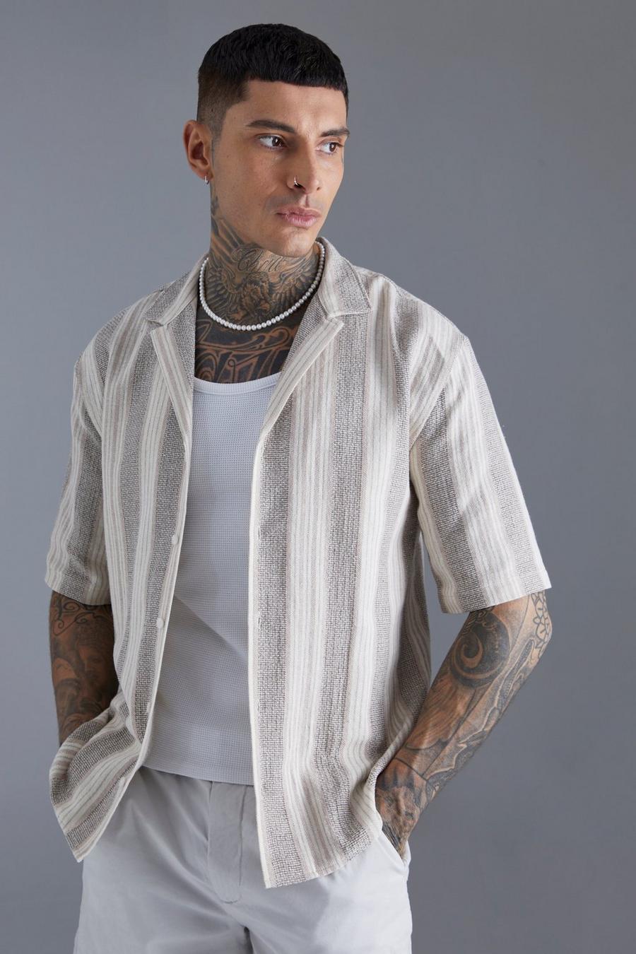 Ecru blanco Dropped Revere Linen Look Stripe Shirt 