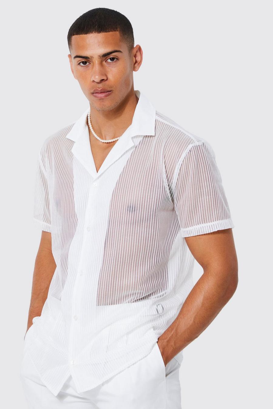White Short Sleeve Oversized Mesh Stripe Shirt image number 1