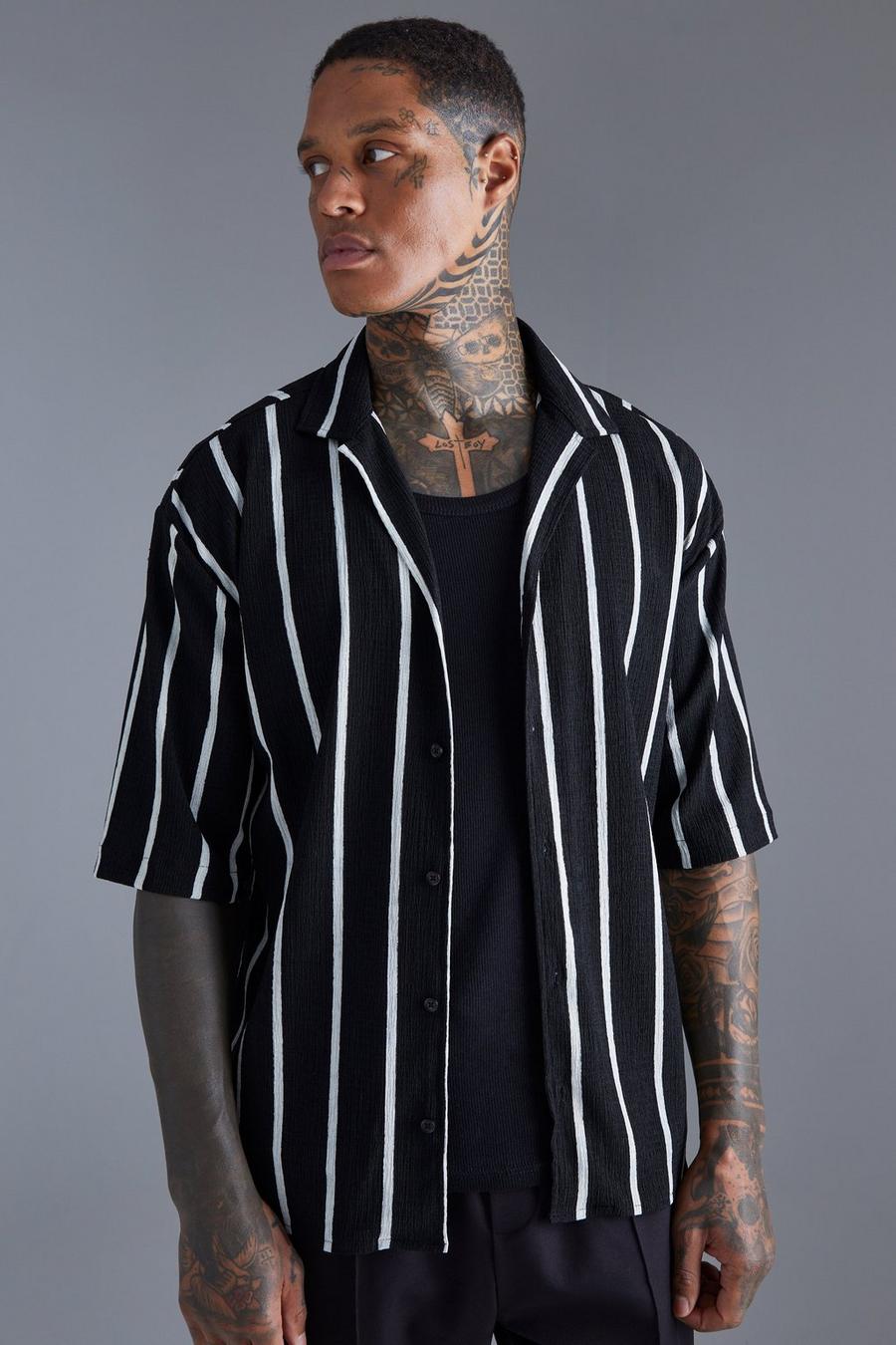 Black Short Sleeve Linen Look Stripe Dropped Revere Shirt