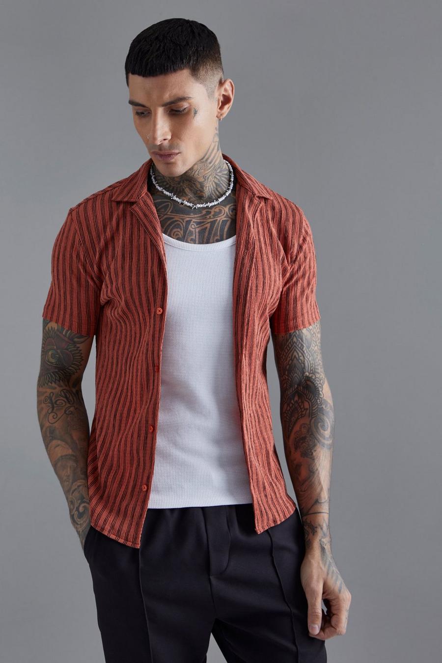 Rust Short Sleeve Revere Stripe Muscle Shirt image number 1