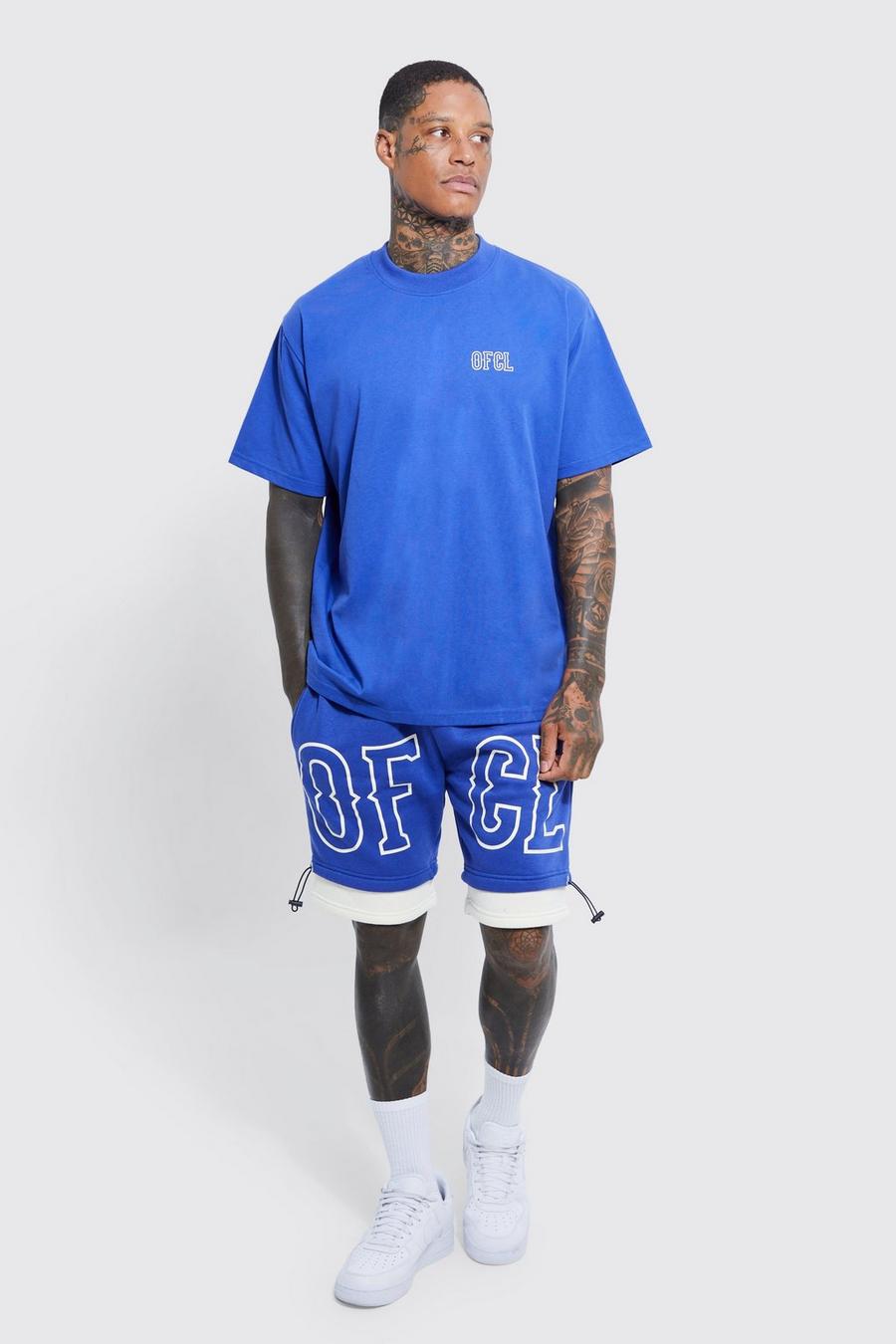 Conjunto oversize de pantalón corto y camiseta con capa falsa y estampado Ocl, Cobalt azul image number 1