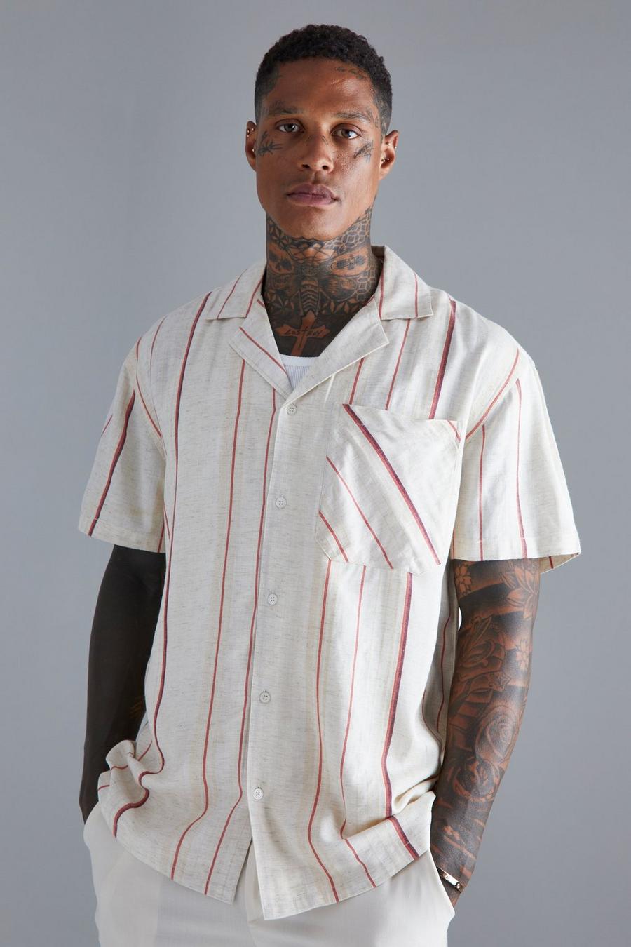 Ecru vit Short Sleeve Stripe Oversized Shirt image number 1