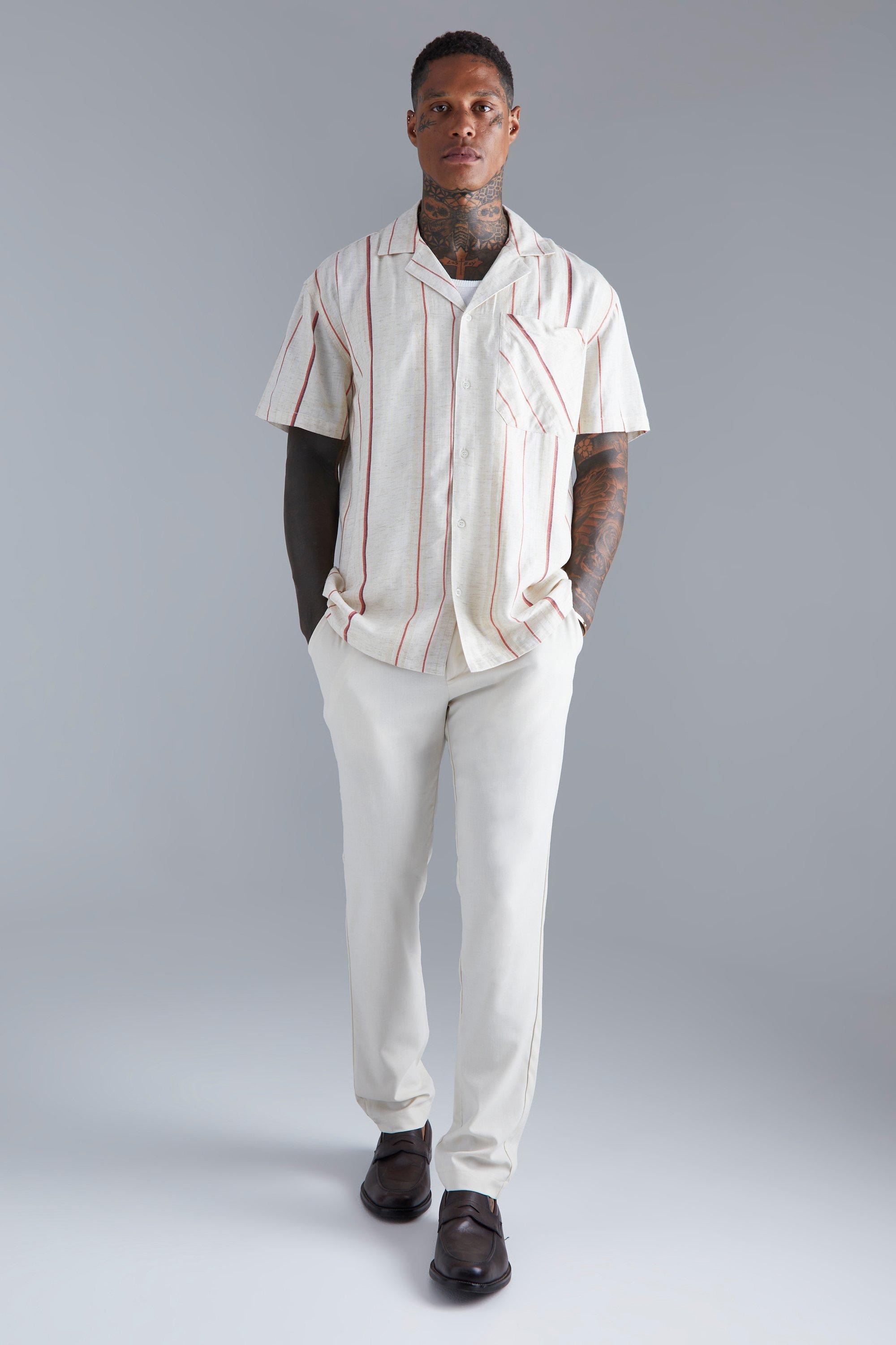 Men's Short Sleeve Stripe Oversized Shirt | Boohoo UK
