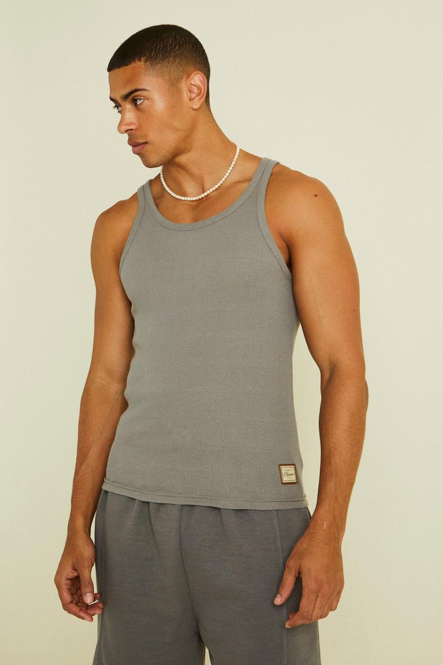 Charcoal Ribbed Muscle Fit Skinny Strap Vest  image number 1