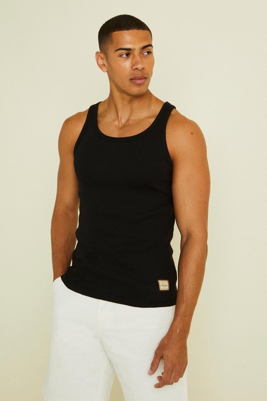Black Ribbed Muscle Fit Skinny Strap Vest  image number 1