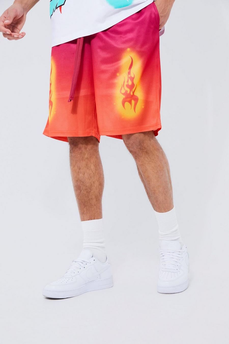 Tall Mesh Shorts mit Farbverlauf und Flammen, Red image number 1