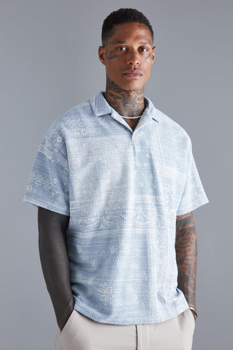 Oversize Jacquard Poloshirt mit Bandana-Print, Dusty blue