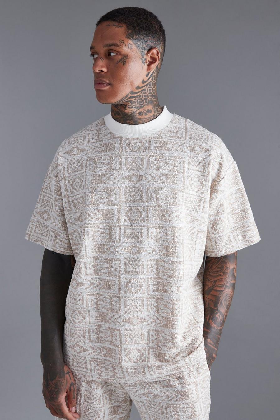 T-shirt oversize in jacquard azteco con collo Ex, Neutral image number 1