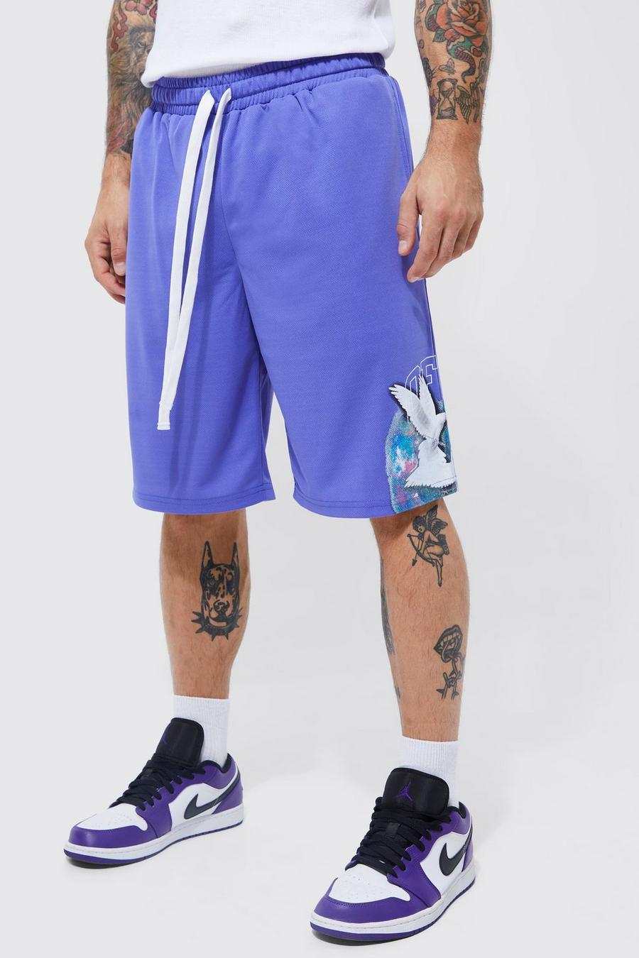 Long Loose Fit Dove Graphic Basketball Short, Purple morado