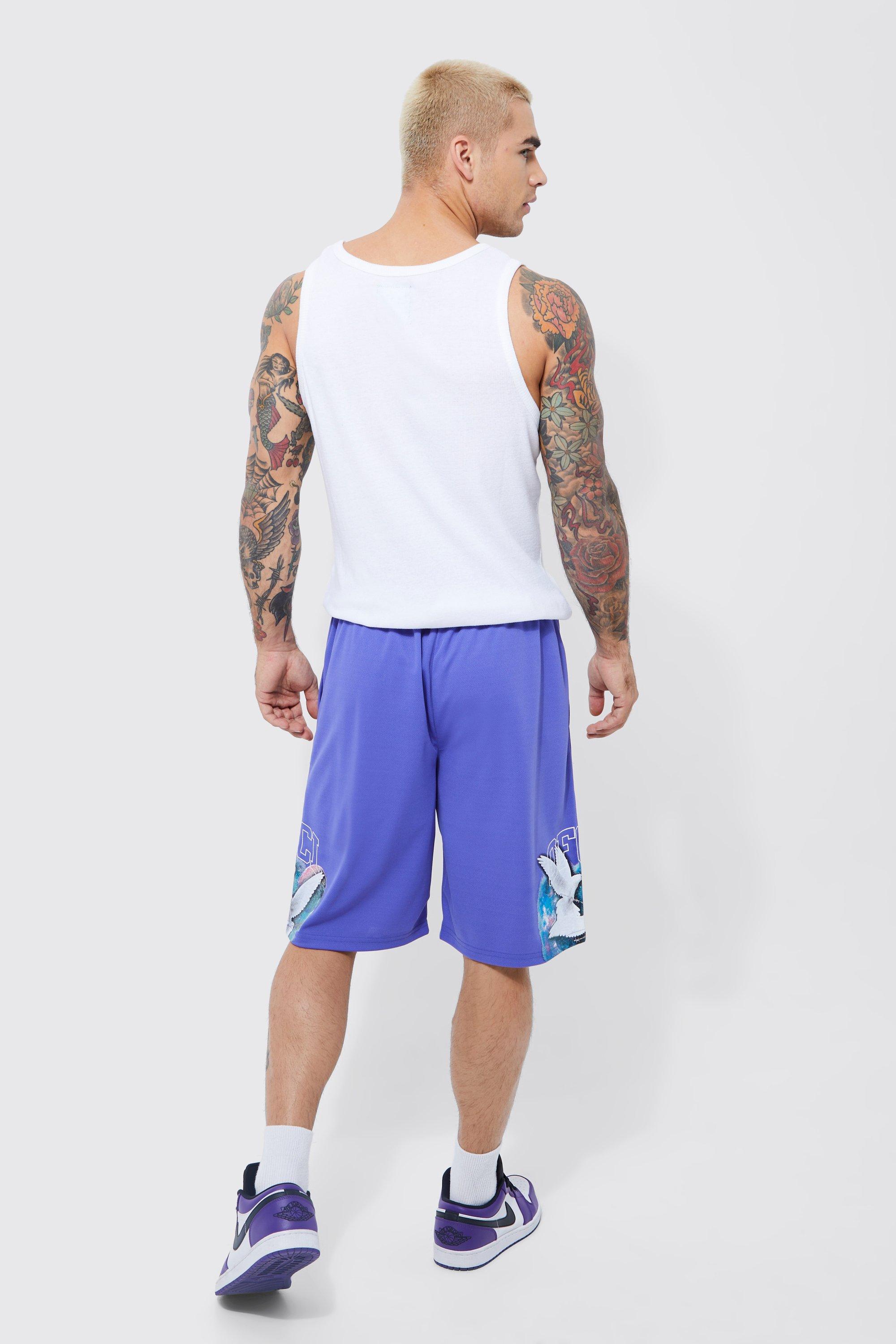 boohooMAN Mens Long Loose Fit Dove Graphic Basketball Short - Purple