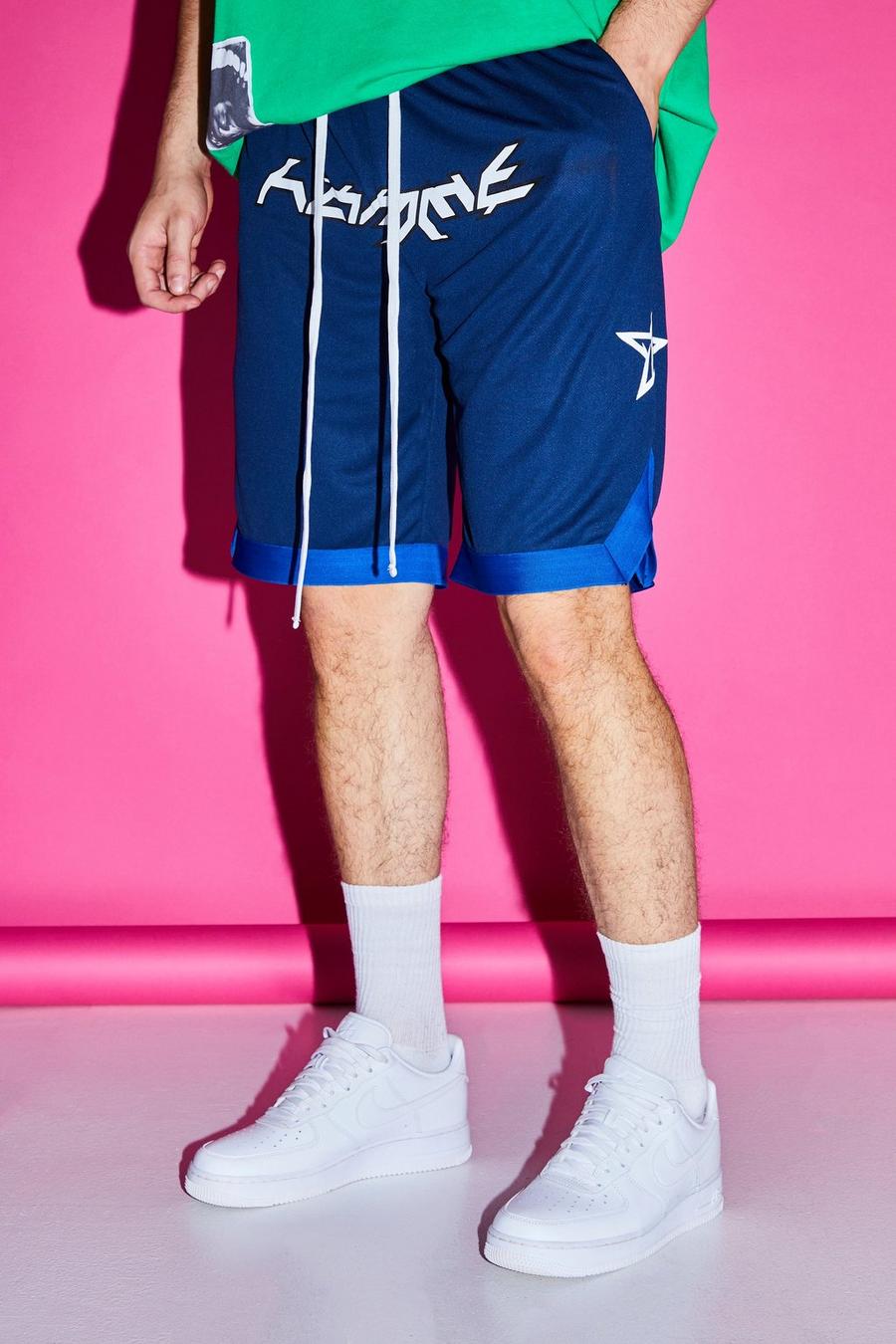 Navy Tall Loose Fit Mid Length Mesh Star Basketball Short