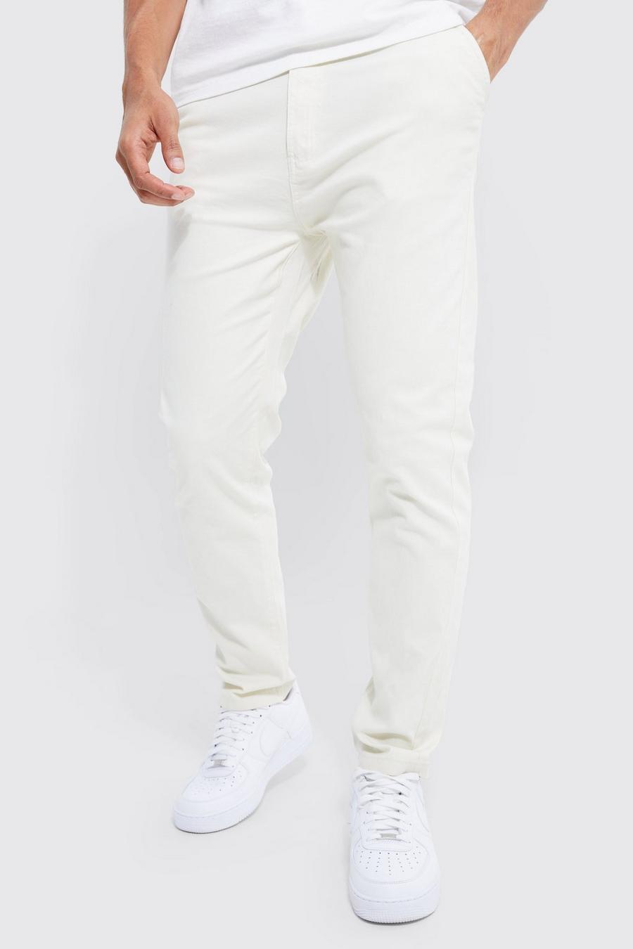 Pantalón chino ajustado elástico con cintura fija, Ecru blanco