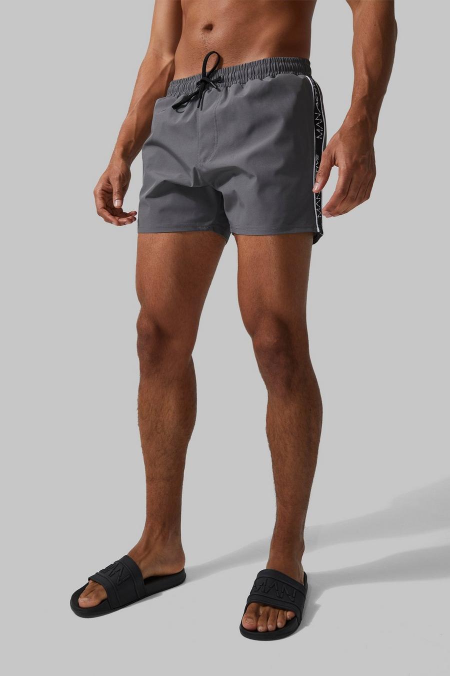 Charcoal grey Man Active Tape Detail Stretch Swim Shorts image number 1