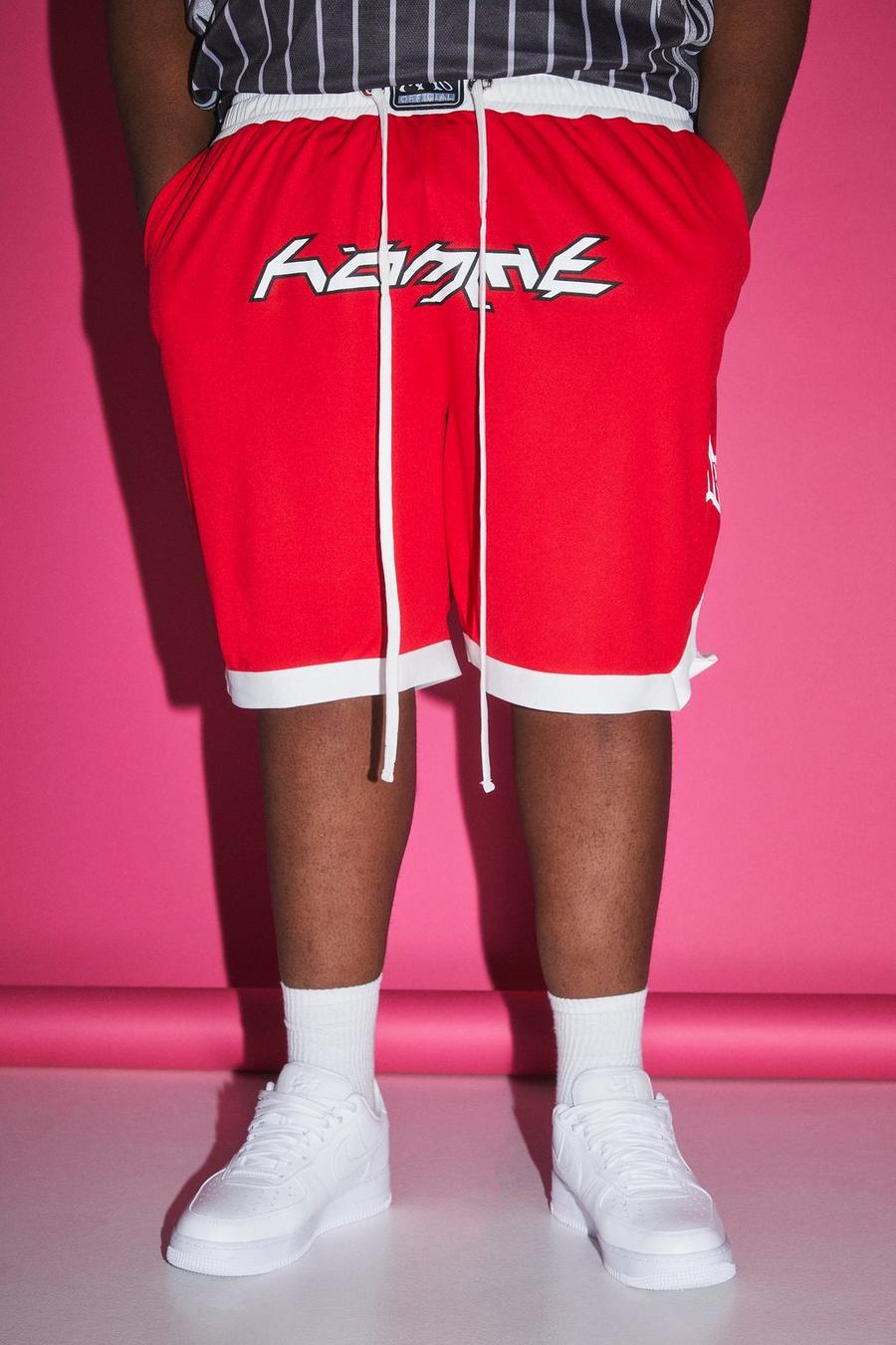 Red Plus Loose Fit Mid Length Mesh Star Basketball Short  image number 1
