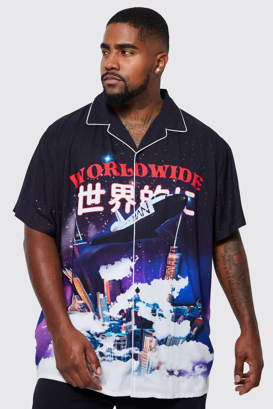 Plus Oversized Dropped Revere Worldwide Shirt, Black negro