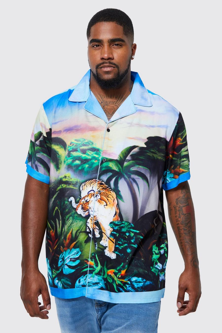 Blue Plus Viscose Tiger Scene Printed Shirt image number 1