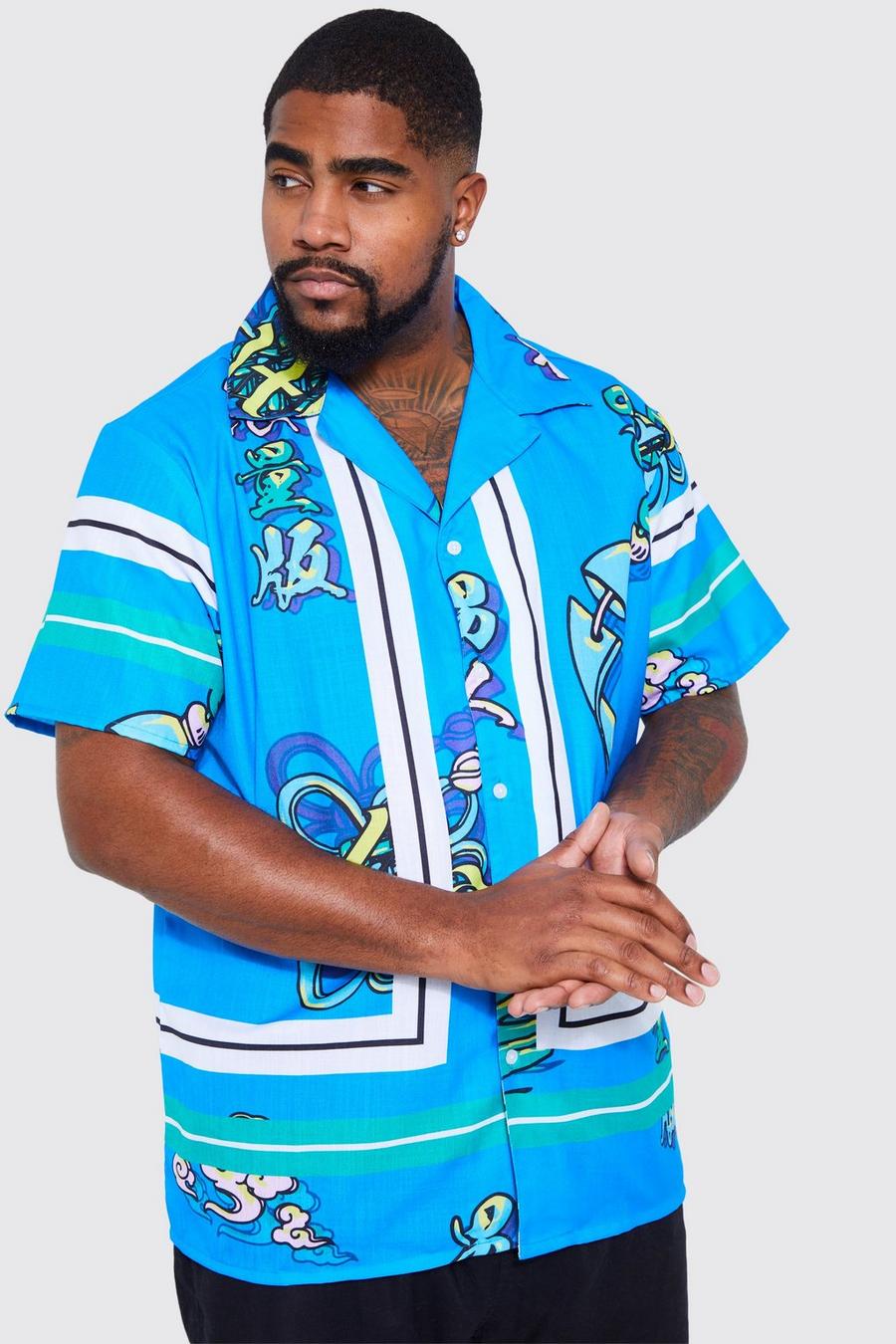 Camicia Plus Size in tessuto fiammato con stampa e bordi, Blue image number 1