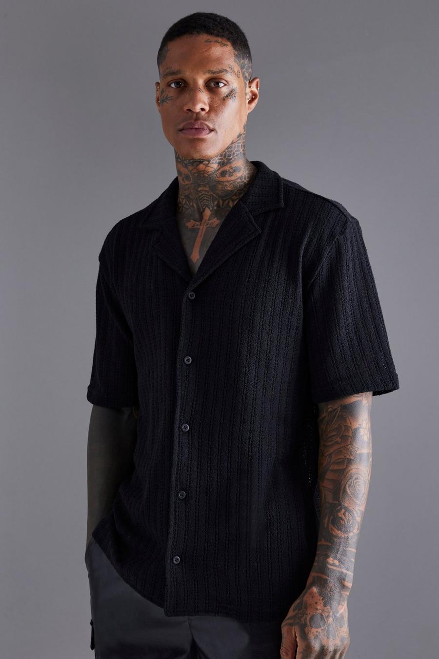 Black svart Short Sleeve Oversized Crochet Shirt image number 1